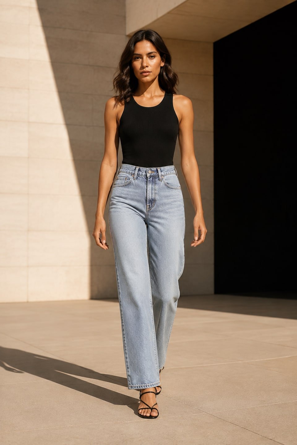 Imagem editorial ilustrativa de campanha de moda com modelo artificial adulta, criada com IA