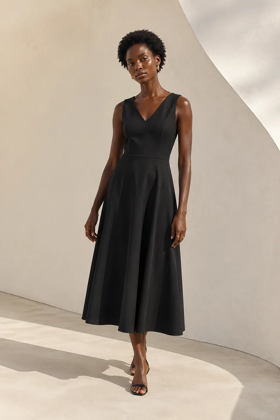 Modelo vestindo vestido preto em exemplo editorial ilustrativo criado com IA