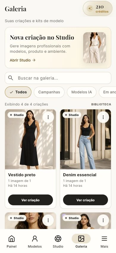 Galeria do Vestia Hub com criações de moda, acesso ao Studio e navegação do aplicativo; dados demonstrativos.