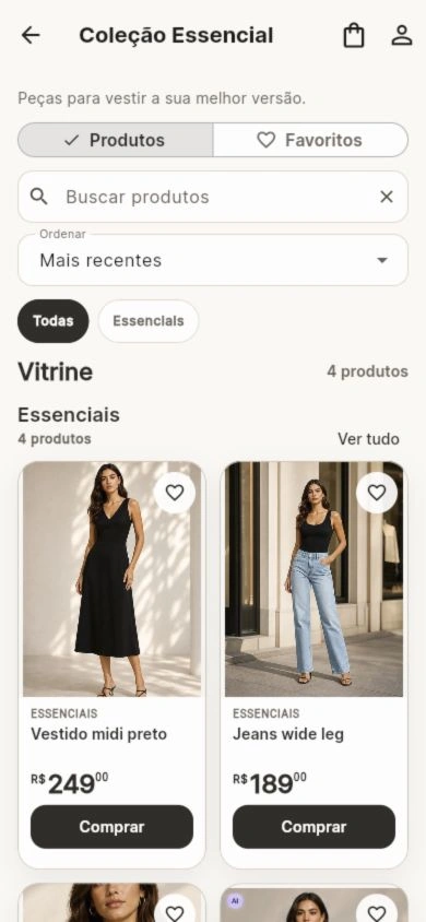 Vitrine de uma loja no Vestia Shop com roupas, preços, favoritos e compra; dados demonstrativos.